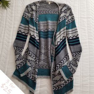 Say What? Black, Blue, Gray Patterned Cardigan (S)